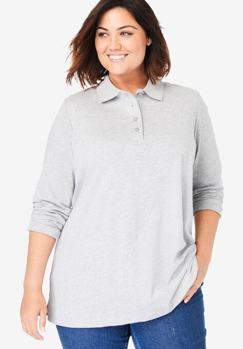 Long-Sleeve Polo Shirt, HEATHER GREY, hi-res image number null