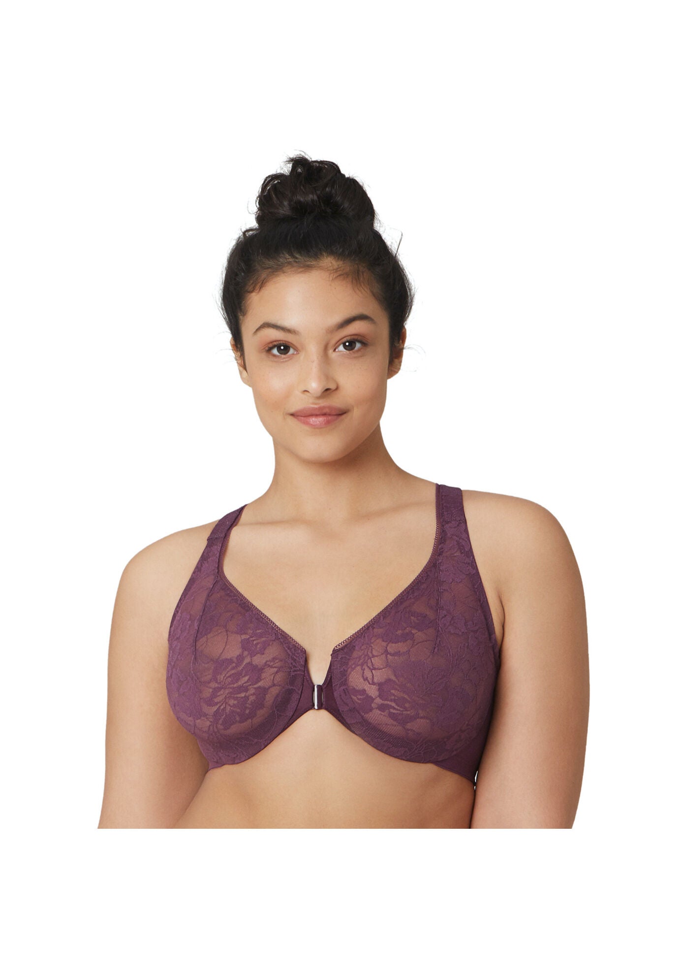 Glamorise Lacey T-Back Front-Closure WonderWire Underwire  Bra 9246 (Women's & Women's Plus), BLACK PLUM, hi-res image number 0
