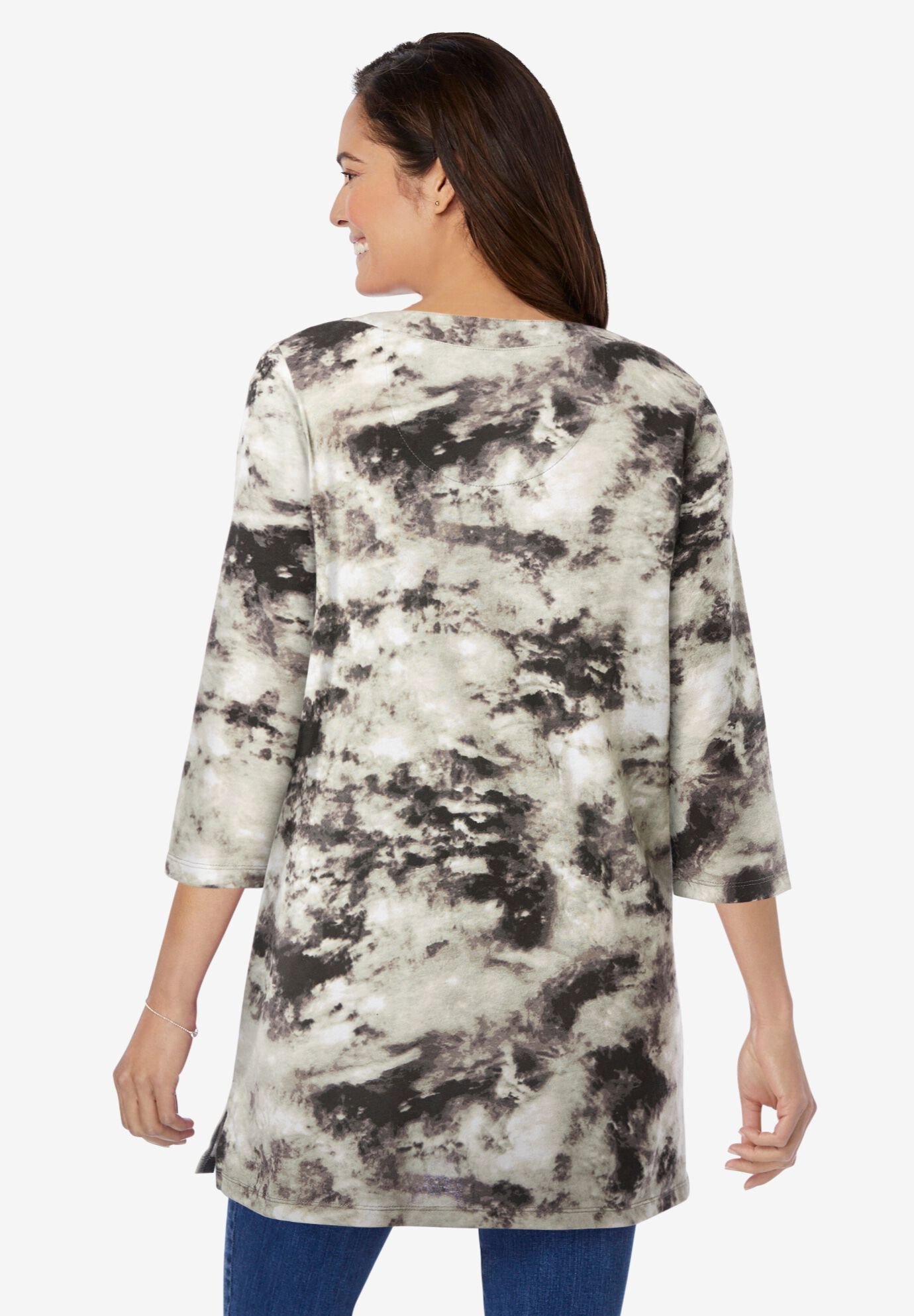 Three-Quarter Sleeve Notch-Neck Tunic, BLACK PRETTY TIE DYE, on-hover image number 1