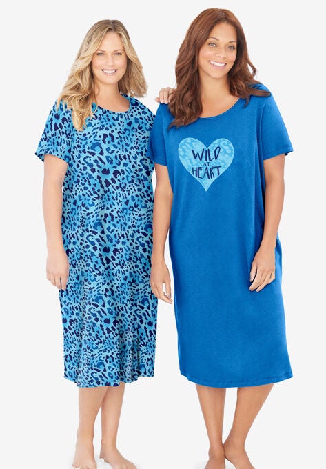 2-Pack Long Sleepshirts , POOL BLUE ANIMAL HEARTS, hi-res image number null