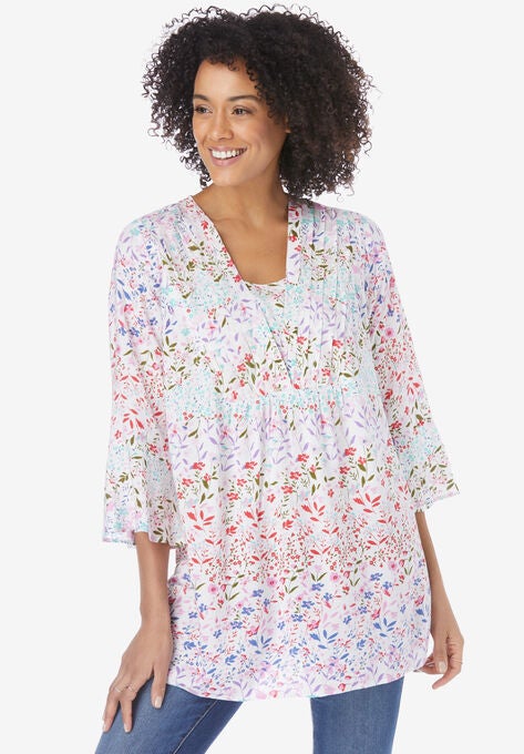 Bell-Sleeve V-Neck Tunic, WHITE GARDEN PRINT, hi-res image number null