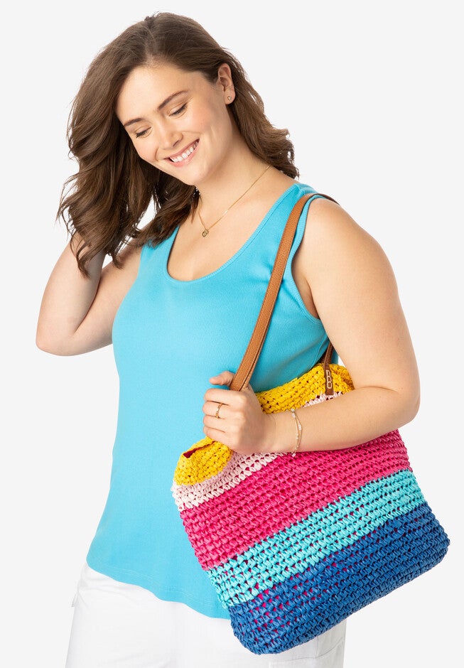 Color Block Straw Tote, BRIGHT COBALT MULTI CABANA STRIPE, hi-res image number 0
