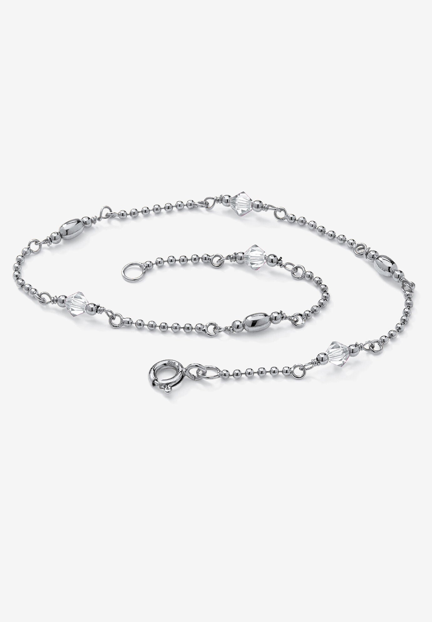 Platinum Plated Silver Ankle Bracelet (2Mm), Round Simulated Birthstone 11 Inches, APRIL, hi-res image number 0