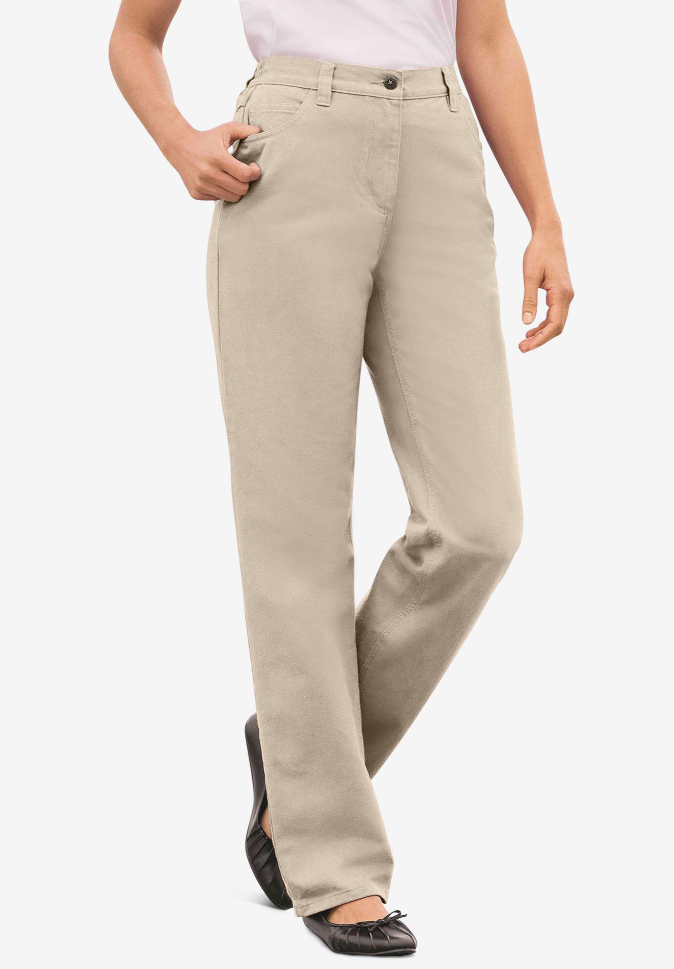 Perfect Back-Elastic Gap-Free Straight-Leg Cotton Jeans, NATURAL KHAKI, hi-res image number 0