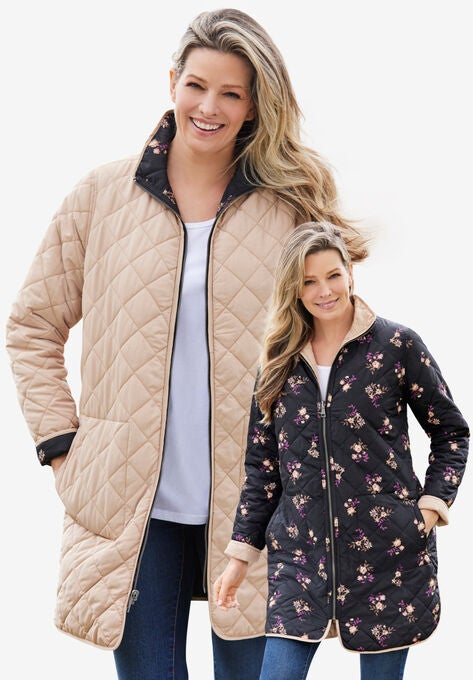 Reversible Quilted Barn Jacket, NEW KHAKI BLACK PRAIRIE FLORAL, hi-res image number null