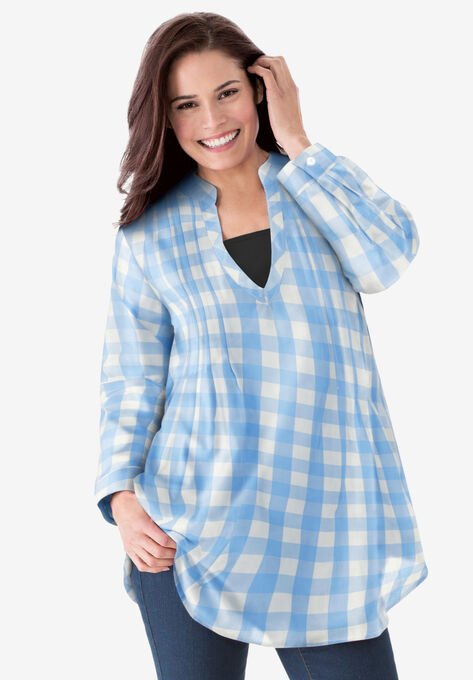 Cotton Layered Look Tunic, FRENCH BLUE SMALL BUFFALO PLAID, hi-res image number null