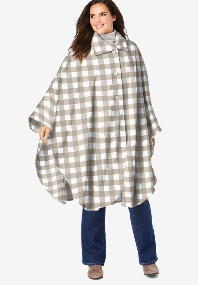 Button-Front Fleece Cape, NEW KHAKI BUFFALO PLAID, hi-res image number 0