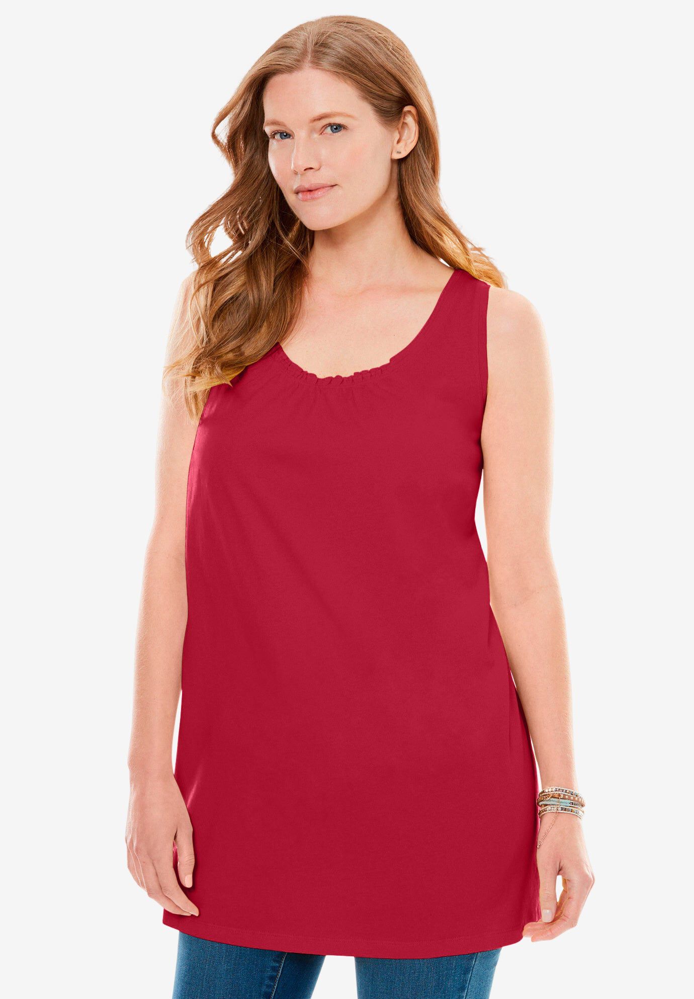 Perfect Sleeveless Shirred U-Neck Tunic, CLASSIC RED, hi-res image number 0