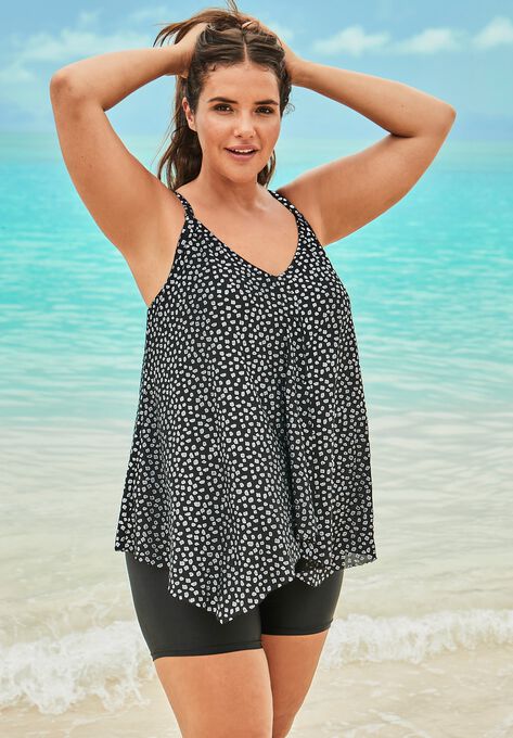 Longer Length Mesh Tankini Top, SILVER FOIL DOTS, hi-res image number null