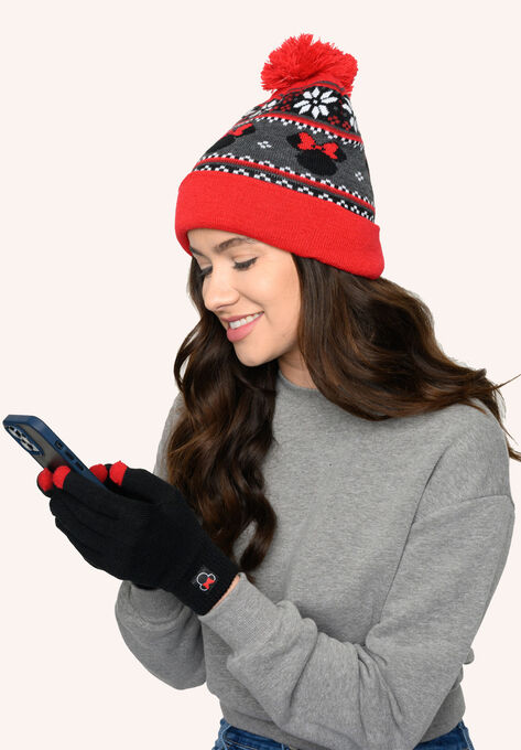 Disney Adult Minnie Mouse Knit Beanie Hat & Texting Gloves Red Gray 2-Pc Set, , alternate image number null