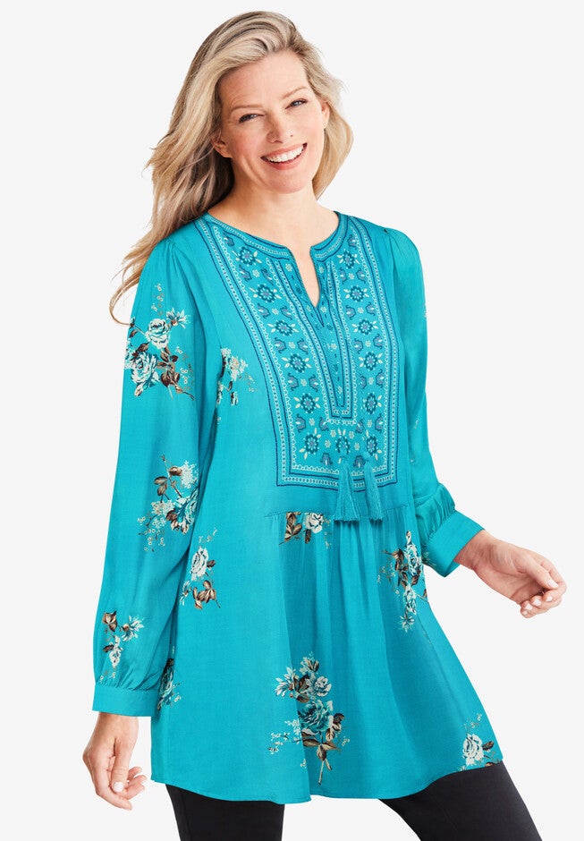 Bib Front Tunic, TURQ BLUE ROSES, hi-res image number null