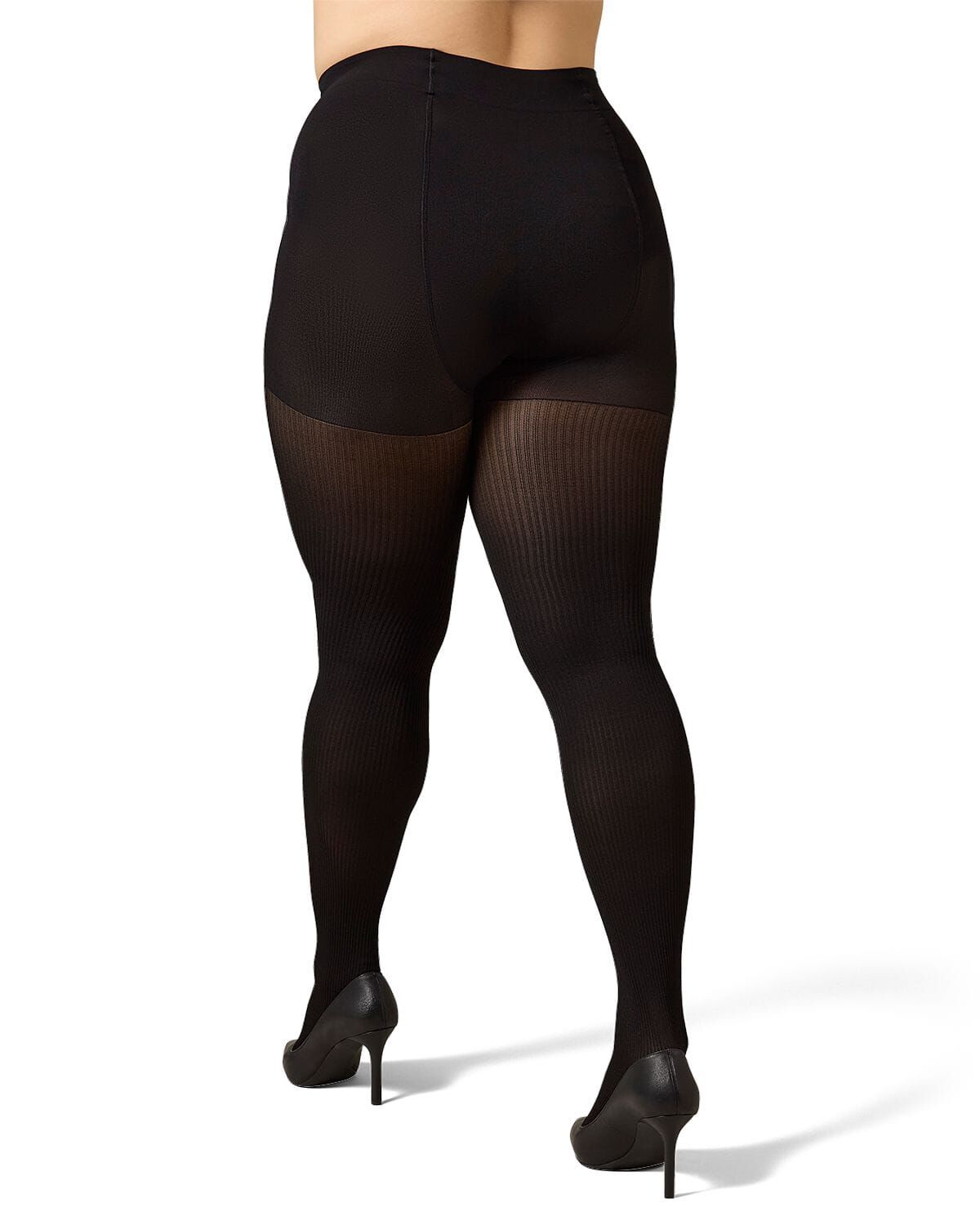 Women's Curvy Twin Rib Opaque Nylon Control Top Tights, BLACK, alternate image number 2