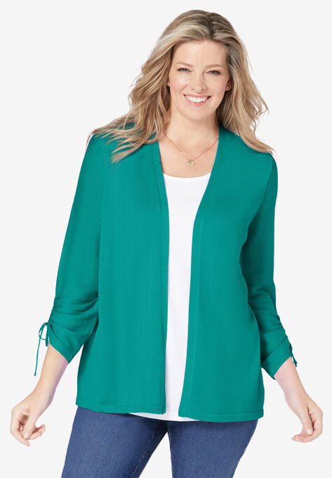Ruched Sleeve Cardigan, WATERFALL, hi-res image number null