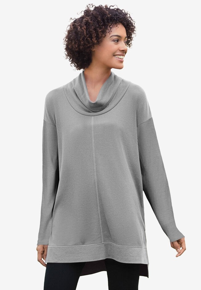 Cowl Neck Thermal Tunic, MEDIUM HEATHER GREY, hi-res image number 0