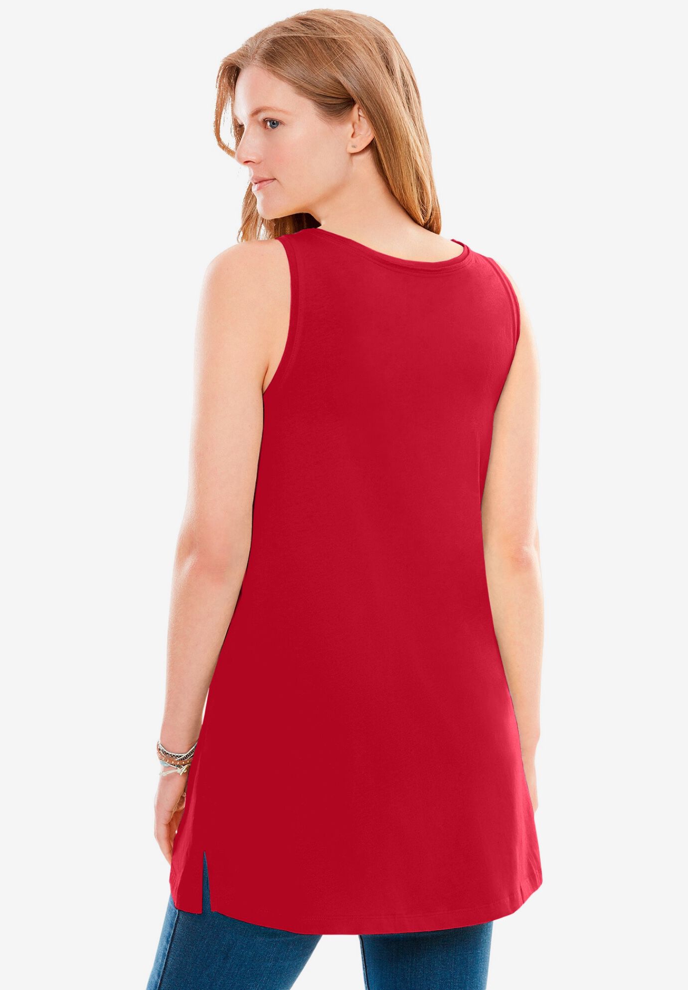 Perfect Sleeveless Shirred U-Neck Tunic, CLASSIC RED, on-hover image number 1