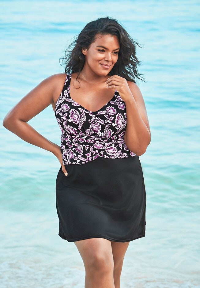 Underwire Swim Dress , BLACK FUCHSIA LEAF, hi-res image number 0