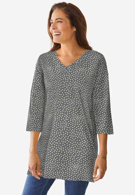 Perfect Printed Three-Quarter-Sleeve V-Neck Tunic, MEDIUM HEATHER GREY OFFSET DOT, hi-res image number null