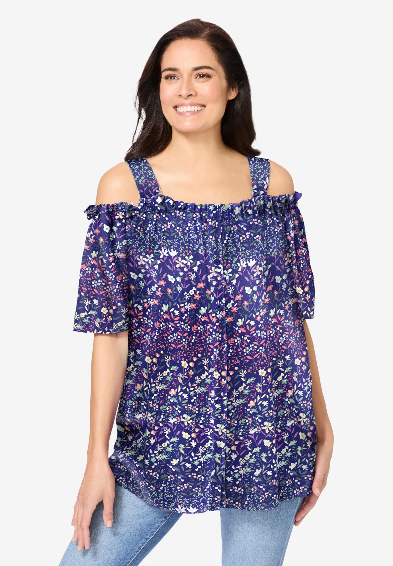 Printed Cold-Shoulder Blouse, NAVY GARDEN PRINT, hi-res image number 0