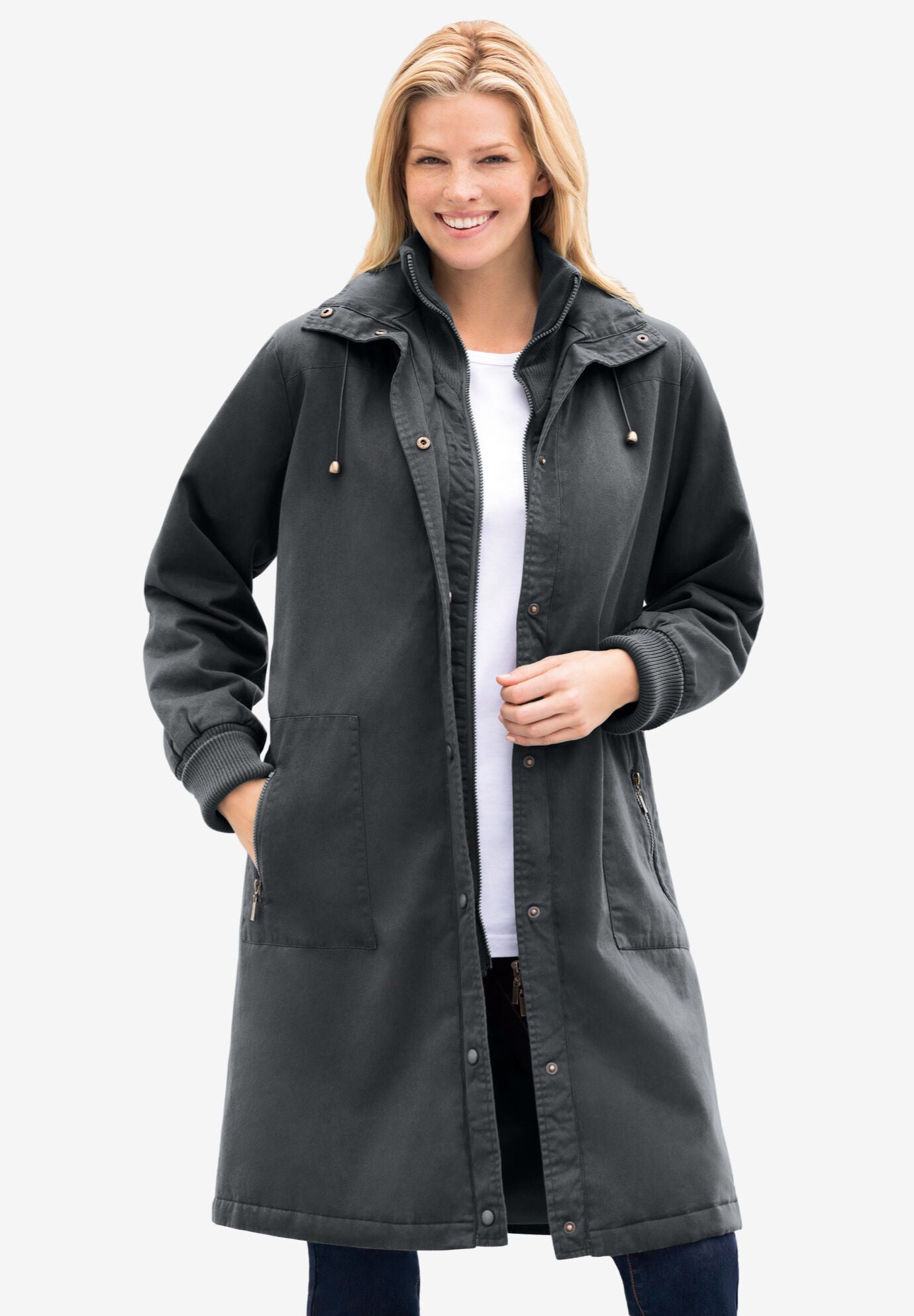 Woman Within Women s Plus Size Twill Hooded Stadium Jacket 1X Black