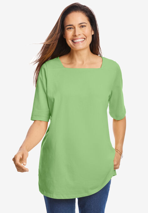 Perfect Elbow-Sleeve Square-Neck Tee, PISTACHIO, hi-res image number null