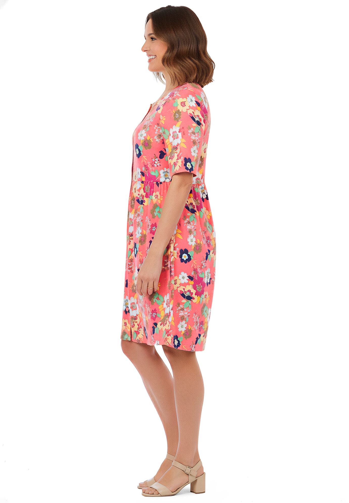 Button-Front Short Essential Dress, SWEET CORAL MULTI GARDEN, alternate image number 2