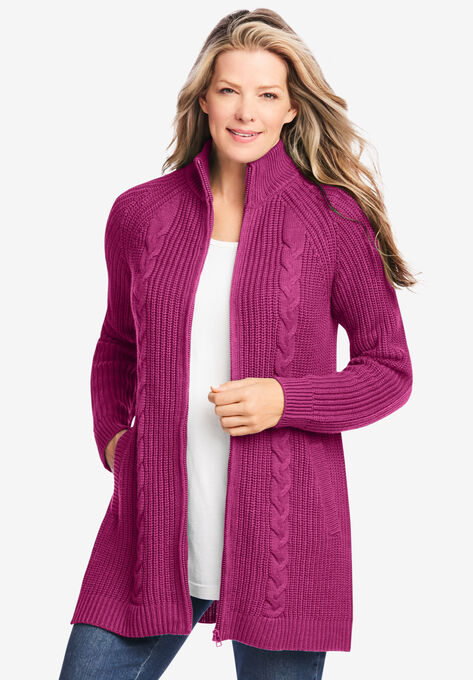 Cabled Zip-Front Cardigan, RASPBERRY, hi-res image number null