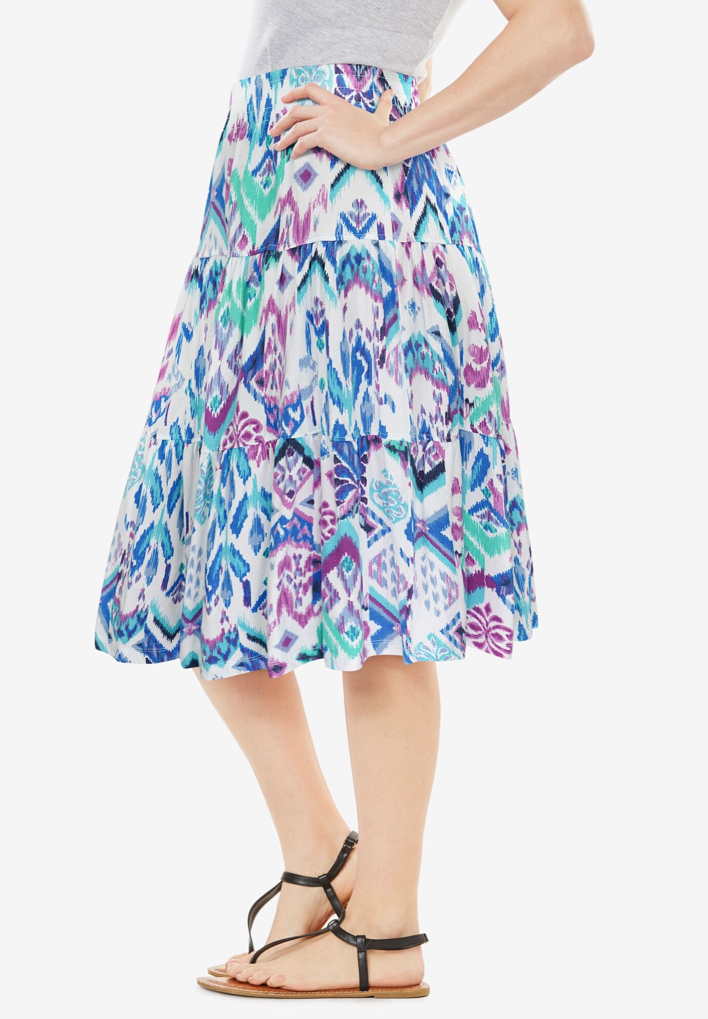 Elastic-Waist Knit Tiered Skirt, WHITE MULTI BATIK, alternate image number 4