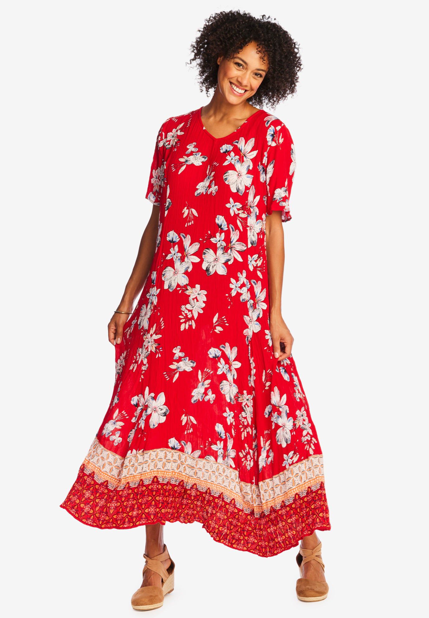 Printed Short-Sleeve Crinkle Maxi Dress