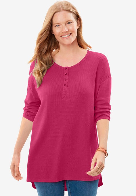 Washed Thermal High-Low Henley Tunic, BRIGHT CHERRY, hi-res image number null