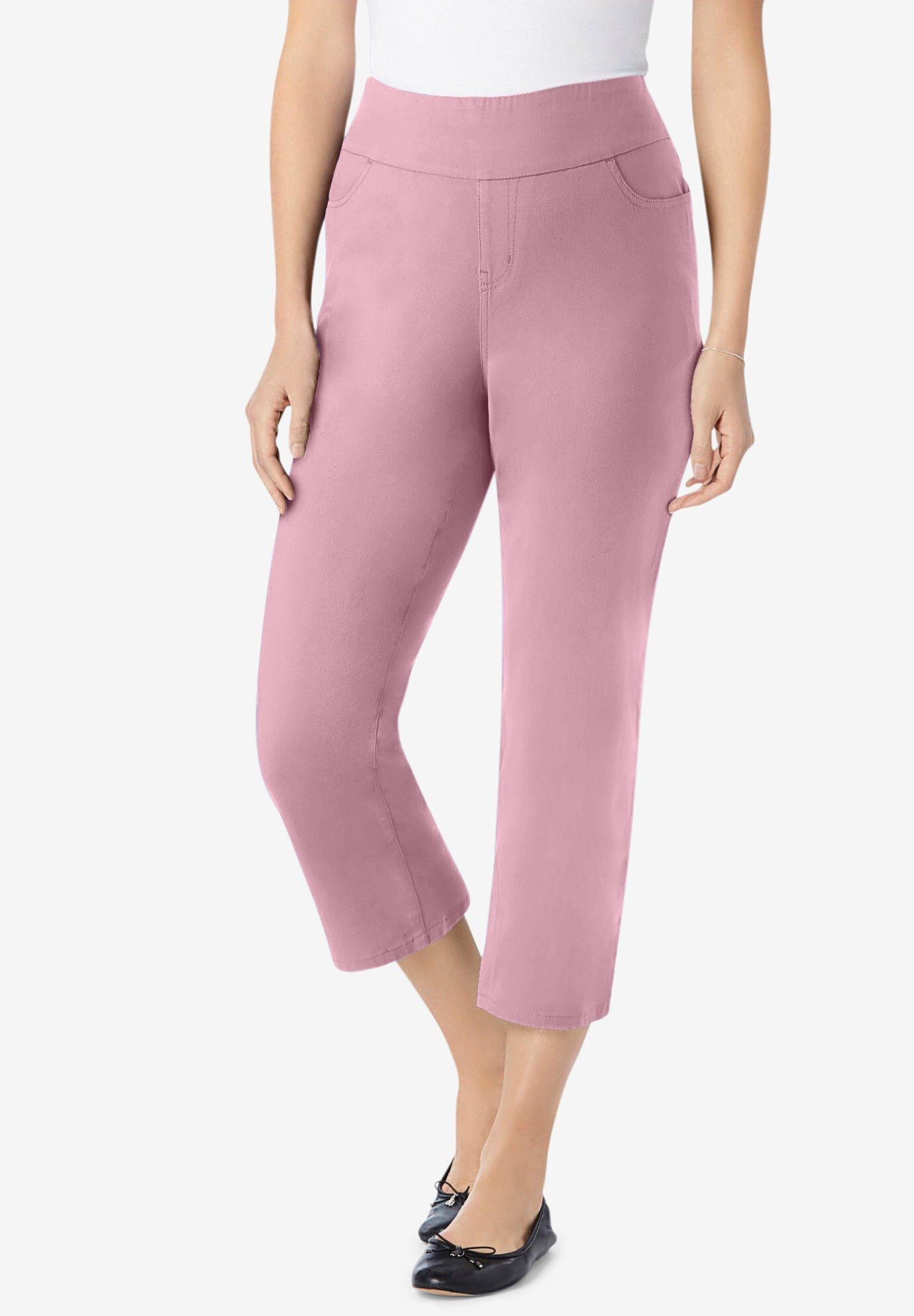 Pull-On Flex-Fit Elastic-Waist Stretch Denim Capri Jeans, DUSTY PINK, hi-res image number 0