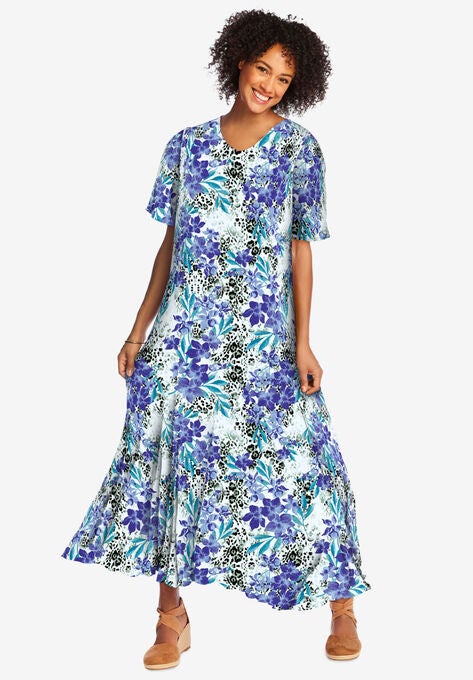 Short-sleeve Crinkle Dress, FRENCH BLUE FLORAL ANIMAL, hi-res image number null