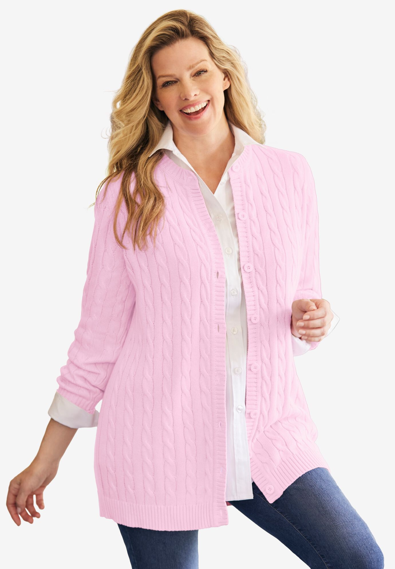 Cotton Cable Knit Cardigan Sweater, , alternate image number 4