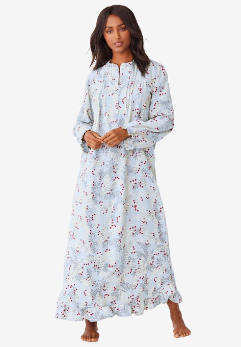 Long Flannel Nightgown , PEARL GREY HOLIDAY HOLLY, hi-res image number null