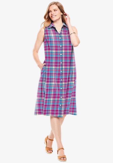 Sleeveless Seersucker Shirtdress, RASPBERRY PRETTY PLAID, hi-res image number null