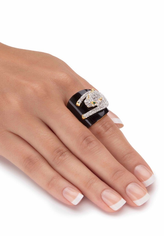 Yellow Gold-Plated Natural Black Onyx and Crystal Leopard Ring, , alternate image number 2