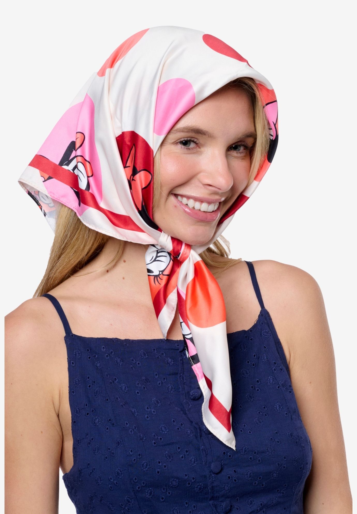 Disney Minnie Mouse Silky Scarf 27 inches x 27 inches Large Red Bow Icon Square Head Wrap, RED, on-hover image number 1