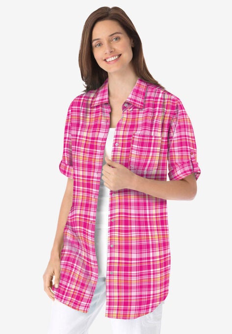 Linen Blend Button-Front Shirt, RASPBERRY SORBET PLAID, hi-res image number null