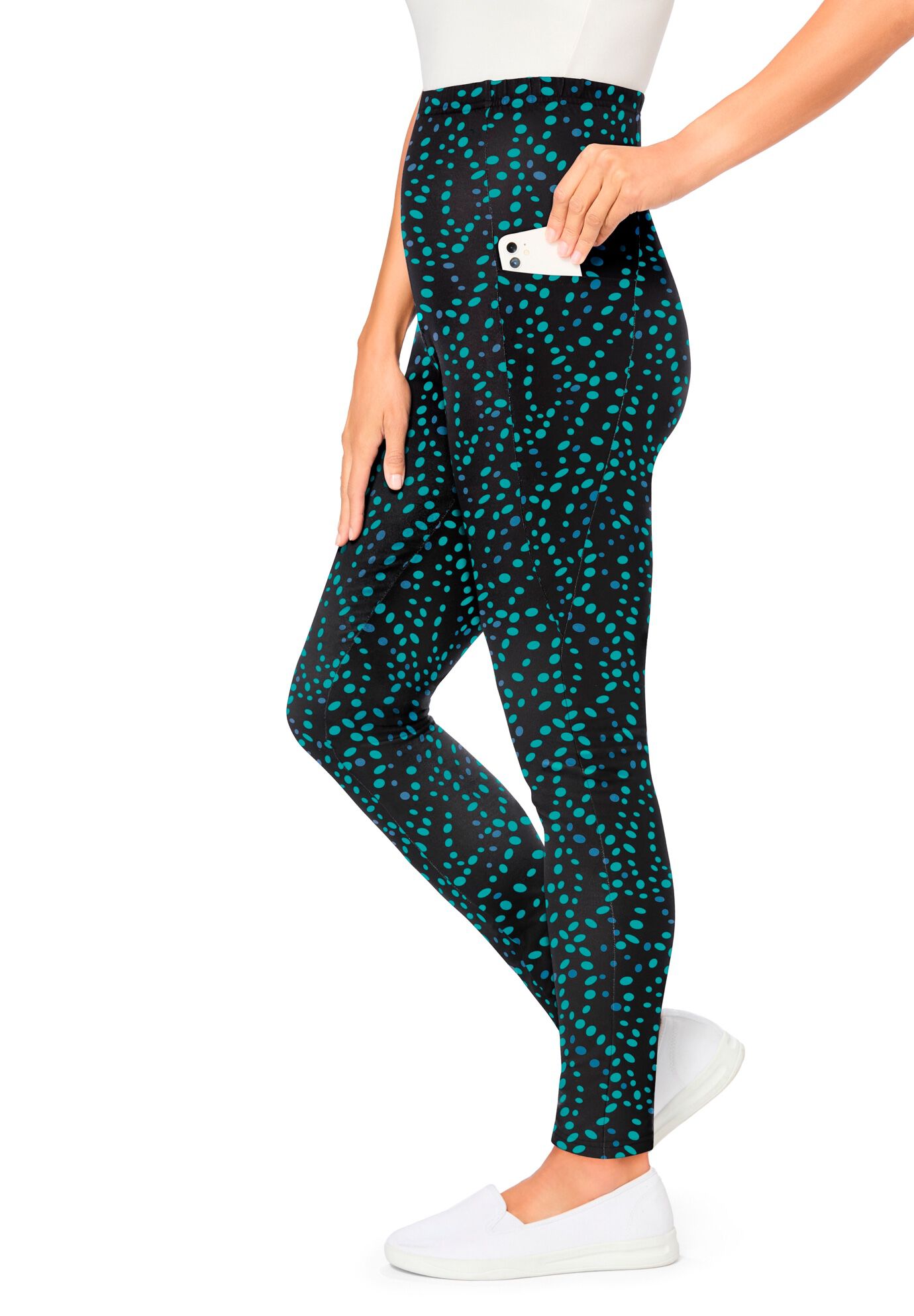 Stretch-Cotton Knit Pull-On Printed Pocket Leggings, WATERFALL DOTS, alternate image number 2