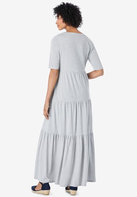Elbow-Sleeve Tiered Henley Dress, , on-hover image number null