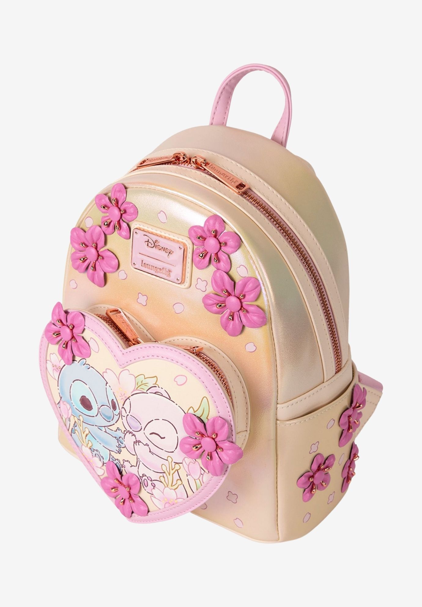 Loungefly Disney Stitch & Angel Mini Backpack Heart Floral Love, BEIGE, alternate image number 2