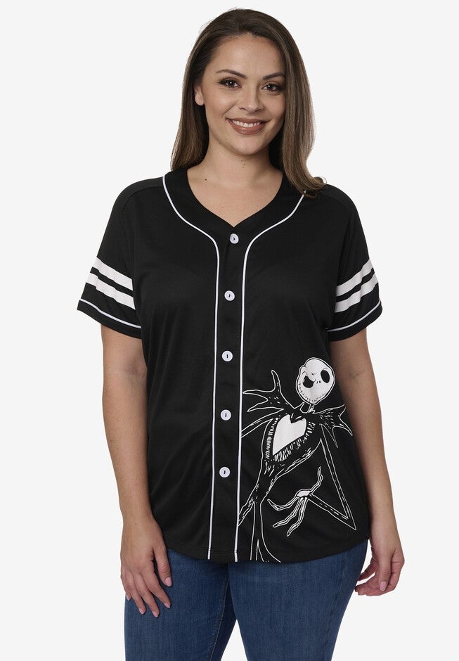 Jack Skellington Black Baseball Jersey Button Down Shirt, BLACK, hi-res image number 0