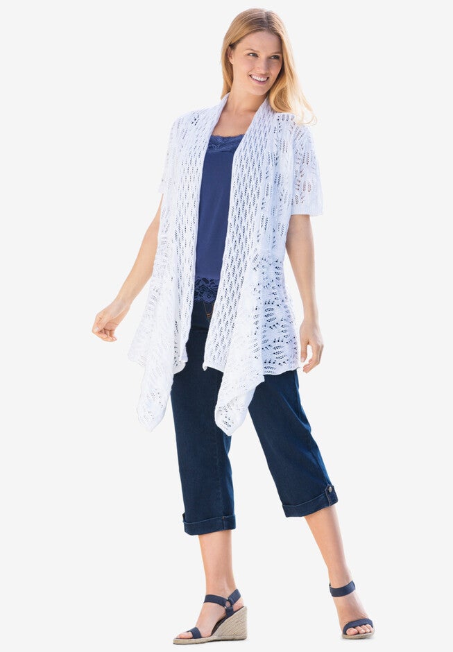 Pointelle Open Cardigan, WHITE, hi-res image number null