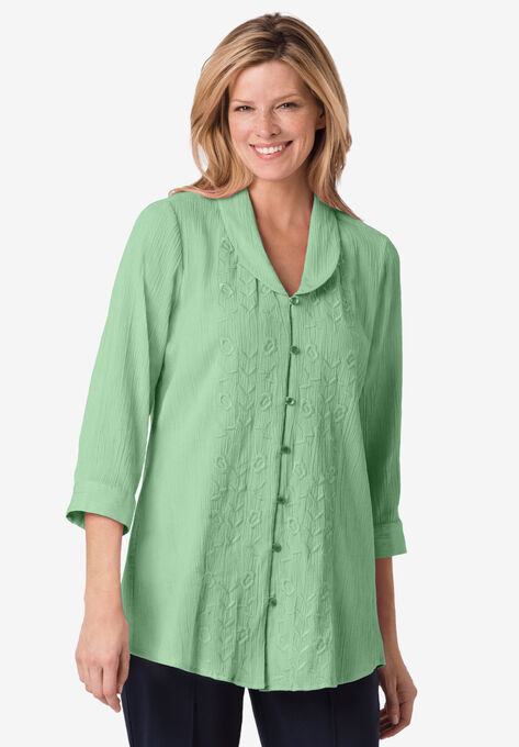 Textured Gauze Tunic with Shawl Collar, SAGE, hi-res image number null