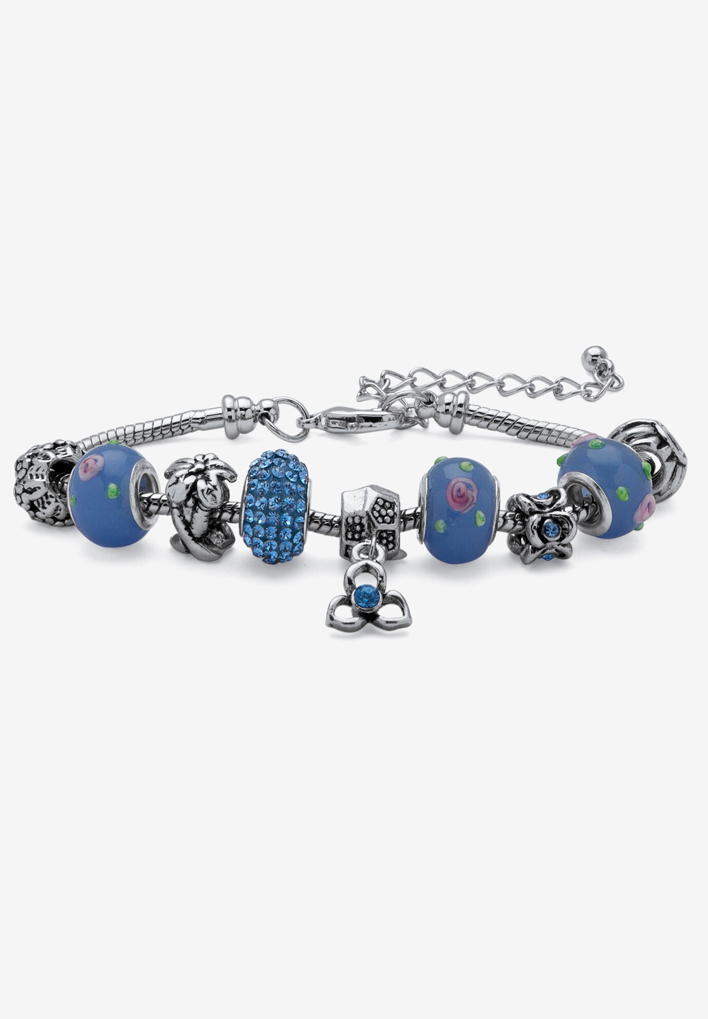Bali Style Red Crystal Charm 8 inches Bracelet in Silvertone, MARCH, hi-res image number 0