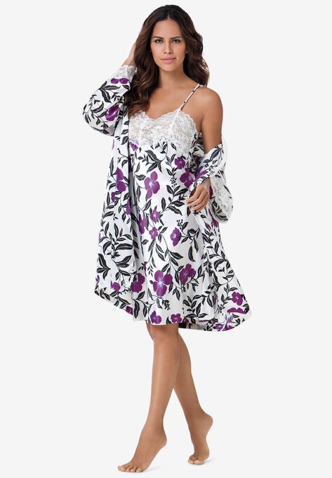 The Luxe Satin Short Peignoir Set , DARK RASPBERRY TRILLIUM, hi-res image number null