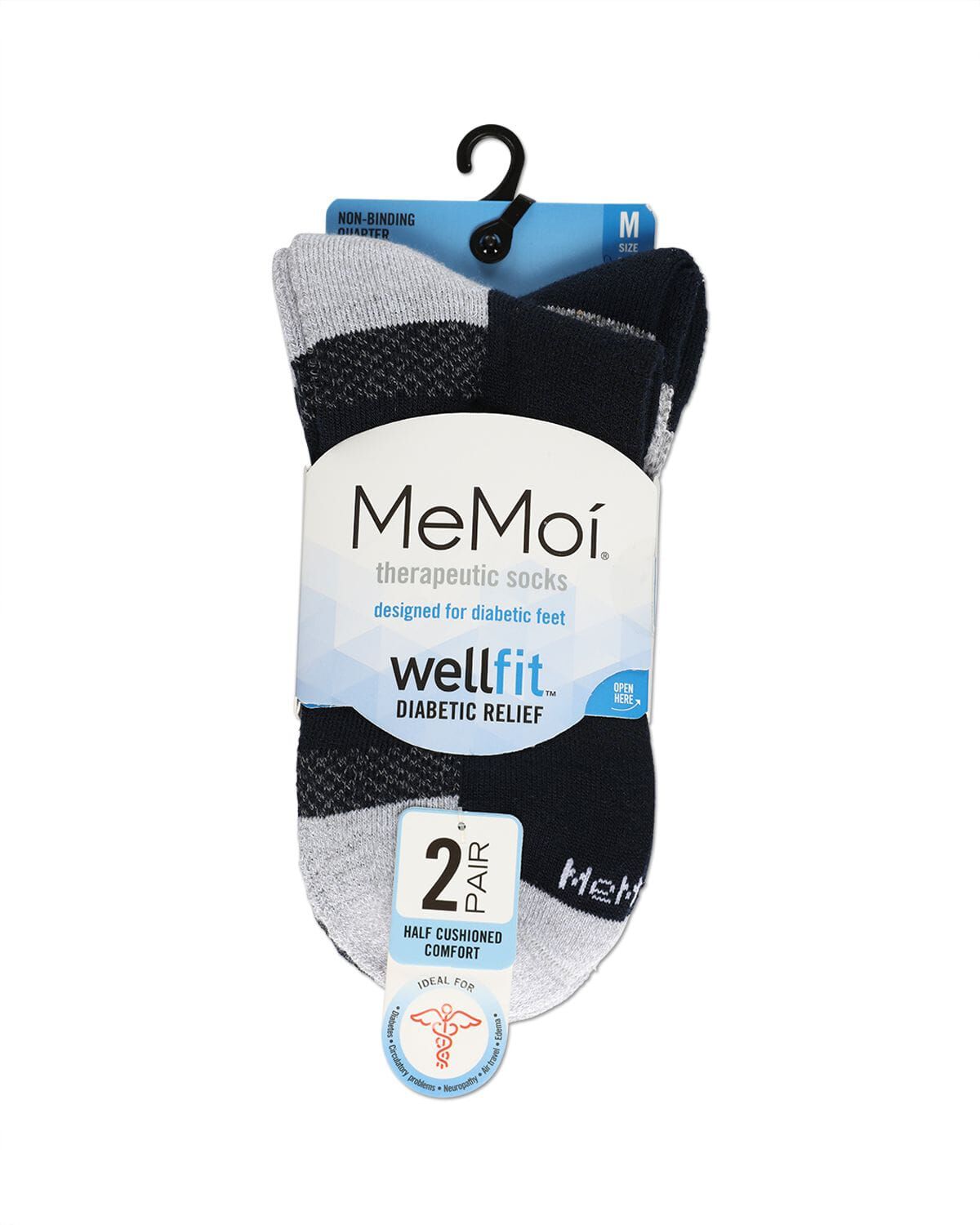 2 Pair Pack Diabetic Half Cushion Quarter Socks, NAVY GRAY, alternate image number 2