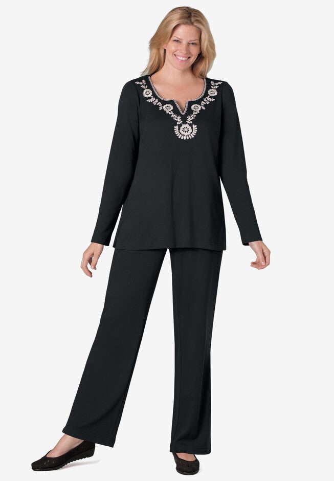 2-Piece Embroidery Tunic Set, BLACK FLORAL EMBROIDERY, hi-res image number null