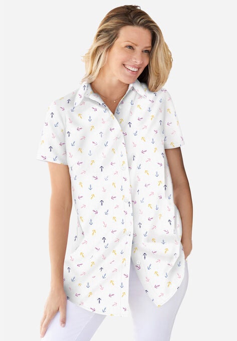 Perfect Short Sleeve Button Down Shirt, WHITE MULTI ANCHOR, hi-res image number null