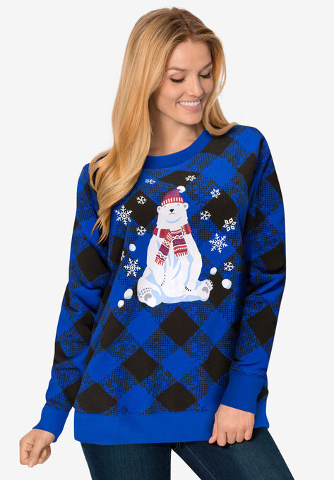 Fleece Holiday Sweatshirt, BRIGHT COBALT BEAR, hi-res image number null