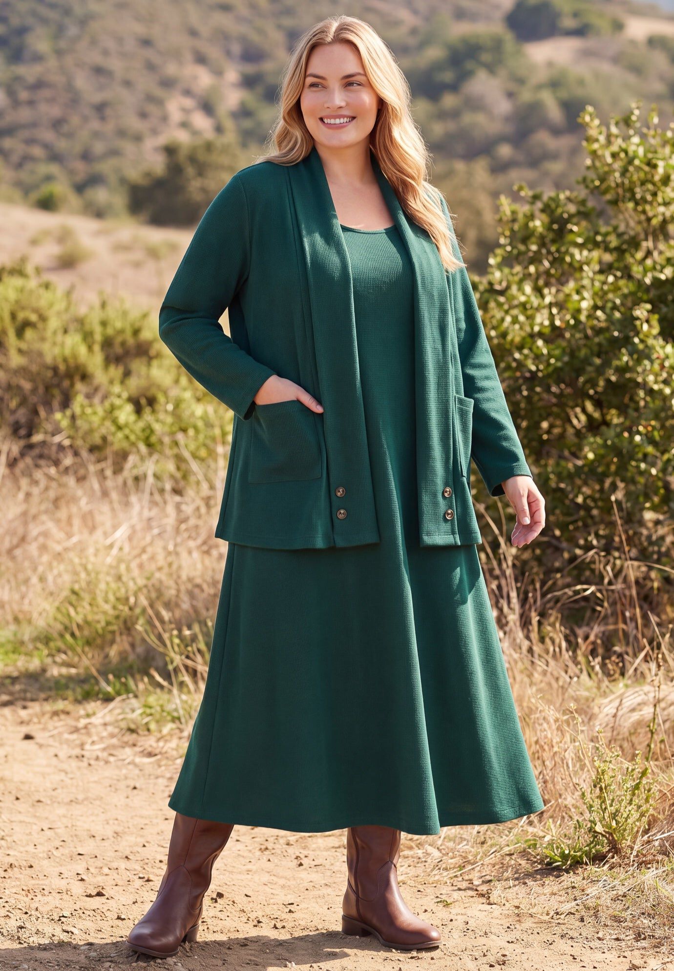 Thermal Two-Piece Jacket Dress Set, EMERALD GREEN, hi-res image number 0